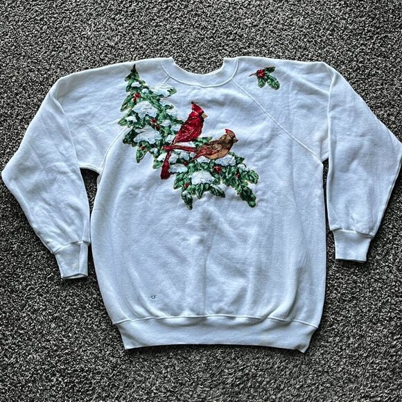 Hanes Tops - Vintage Hanes Sweater Womens XL White w/Cardinal & Christmas Tree 80s Winter